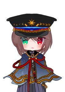 Rating: Safe Score: 0 Tags: 1girl bangs black_headwear blush brown_hair cape capelet chain chibi eyebrows_visible_through_hair hair_between_eyes hariruri hat image long_sleeves looking_at_viewer peaked_cap red_eyes simple_background solo souseiseki standing striped white_background User: admin
