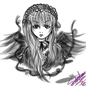 Rating: Safe Score: 0 Tags: 1girl bat_wings black_wings frills greyscale hairband image lolita_hairband long_hair long_sleeves looking_at_viewer monochrome ribbon simple_background solo suigintou upper_body white_background wings User: admin