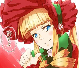 Rating: Safe Score: 0 Tags: 1girl bangs blonde_hair blue_eyes bonnet bow drill_hair flower hat image long_hair looking_at_viewer rose shinku sidelocks simple_background solo User: admin