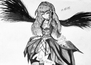 Rating: Safe Score: 0 Tags: 1girl black_wings dress feathered_wings frills greyscale hairband image long_hair long_sleeves looking_at_viewer monochrome solo suigintou traditional_media wings User: admin