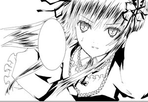 Rating: Safe Score: 0 Tags: 1girl bangs blush eyebrows_visible_through_hair frills greyscale hair_ribbon image looking_at_viewer monochrome ribbon solo suigintou sweat upper_body User: admin