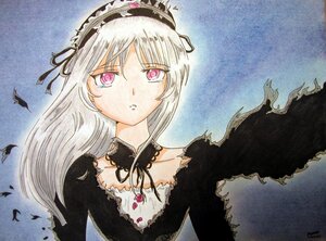 Rating: Safe Score: 0 Tags: 1girl black_feathers black_wings detached_collar dress feathers flower hairband image long_hair looking_at_viewer pink_eyes rose silver_hair solo suigintou traditional_media wings User: admin
