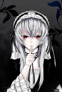 Rating: Safe Score: 0 Tags: 1girl black_ribbon dress finger_to_mouth frills hairband image index_finger_raised lolita_fashion long_hair long_sleeves looking_at_viewer red_eyes ribbon shushing silver_hair smile solo suigintou upper_body wings User: admin