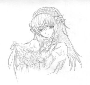 Rating: Safe Score: 0 Tags: 1girl closed_mouth dress frills greyscale hairband image long_hair long_sleeves looking_at_viewer monochrome ribbon simple_background smile solo suigintou traditional_media upper_body white_background User: admin