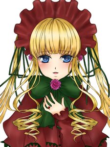 Rating: Safe Score: 0 Tags: 1girl bangs blonde_hair blue_eyes blush bonnet bow bowtie dress drill_hair flower green_bow green_neckwear image long_hair long_sleeves looking_at_viewer pink_flower pink_rose red_capelet red_flower rose shinku sidelocks simple_background solo twin_drills twintails upper_body white_background User: admin