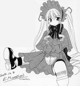 Rating: Safe Score: 0 Tags: 1girl blush bonnet dated dress drill_hair gothic_lolita greyscale image lolita_fashion long_hair long_sleeves monochrome shinku sitting solo twintails User: admin