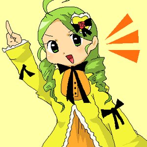 Rating: Safe Score: 0 Tags: 1girl ahoge drill_hair green_eyes green_hair hair_ornament image index_finger_raised kanaria long_hair long_sleeves open_mouth pointing simple_background solo yellow_background User: admin