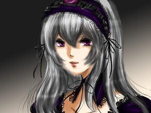 Rating: Safe Score: 0 Tags: 1girl black_ribbon choker detached_collar flower gradient gradient_background grey_background hairband image lips long_hair looking_at_viewer rose silver_hair solo suigintou User: admin