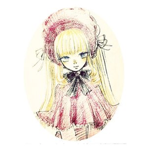 Rating: Safe Score: 0 Tags: 1girl bangs blonde_hair blue_eyes blunt_bangs bonnet bow closed_mouth flower image lace long_hair looking_at_viewer shinku simple_background smile solo traditional_media upper_body white_background User: admin