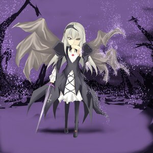 Rating: Safe Score: 0 Tags: 1girl black_wings dress flower frills hairband holding image long_hair long_sleeves night purple_eyes rose sky solo star_(sky) starry_sky suigintou weapon wings User: admin