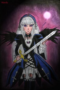 Rating: Safe Score: 0 Tags: 1girl black_wings dress frills image long_hair long_sleeves looking_at_viewer silver_hair solo suigintou sword weapon wings User: admin