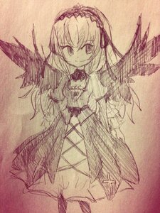 Rating: Safe Score: 0 Tags: 1girl black_wings bow choker dress elbow_gloves feathered_wings hairband image long_hair long_sleeves looking_at_viewer monochrome rose simple_background solo suigintou traditional_media wings User: admin