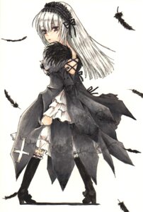 Rating: Safe Score: 0 Tags: 1girl auto_tagged bird black_feathers black_wings boots crow dove dress feathers frills full_body hairband image long_hair long_sleeves looking_at_viewer looking_back ribbon rose silver_hair solo standing suigintou wings User: admin
