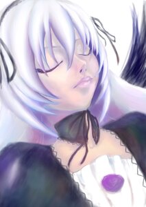 Rating: Safe Score: 0 Tags: 1girl black_ribbon blurry blurry_foreground closed_eyes closed_mouth depth_of_field dress feathered_wings feathers image long_hair ribbon rose silver_hair simple_background solo suigintou white_background wings User: admin