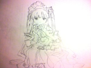 Rating: Safe Score: 0 Tags: 1girl bowtie cup dress frills image long_hair long_sleeves looking_at_viewer maid maid_headdress monochrome shinku sitting solo two_side_up very_long_hair User: admin