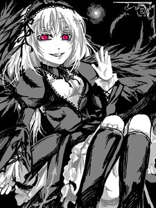 Rating: Safe Score: 0 Tags: 1girl black_wings dress feathers frills greyscale hairband image lolita_hairband long_hair long_sleeves looking_at_viewer monochrome pink_eyes puffy_sleeves sitting smile solo suigintou wings User: admin