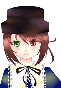 Rating: Safe Score: 0 Tags: 1girl blush brown_hair closed_mouth eyebrows_visible_through_hair green_eyes hat heterochromia image looking_at_viewer neck_ribbon ribbon short_hair simple_background smile solo souseiseki upper_body white_background User: admin