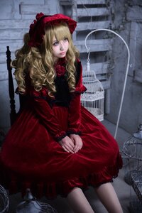 Rating: Safe Score: 0 Tags: 1girl blonde_hair bonnet dress flower frills lips lolita_fashion long_hair long_sleeves looking_at_viewer pantyhose red_dress rose shinku sitting solo User: admin