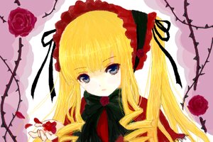 Rating: Safe Score: 0 Tags: 1girl blonde_hair blue_eyes bonnet bow bowtie drill_hair flower image long_hair looking_at_viewer pink_background pink_rose red_flower red_rose rose shinku solo twintails User: admin