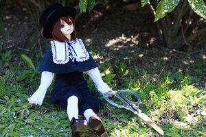 Rating: Safe Score: 0 Tags: 1girl boots brown_hair capelet doll dress dutch_angle hat long_sleeves outdoors plant short_hair sitting solo souseiseki User: admin