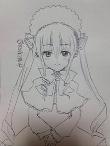 Rating: Safe Score: 0 Tags: 1girl blush dress flower frills image long_hair long_sleeves looking_at_viewer monochrome photo shinku simple_background smile solo traditional_media twintails User: admin