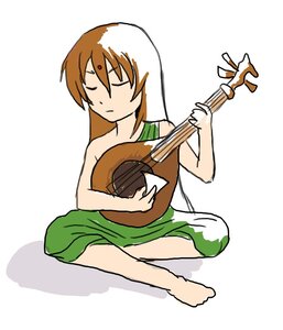 Rating: Safe Score: 0 Tags: 1girl bare_shoulders barefoot brown_hair closed_eyes dress full_body image instrument music playing_instrument simple_background sitting solo suiseiseki white_background User: admin