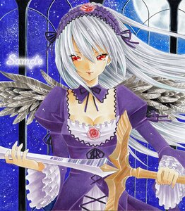 Rating: Safe Score: 0 Tags: 1girl black_wings dress flower frilled_sleeves frills hairband image long_hair long_sleeves marker_(medium) red_eyes ribbon rose sample silver_hair solo star_(sky) starry_sky suigintou traditional_media weapon wings User: admin