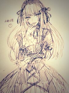 Rating: Safe Score: 0 Tags: 1girl dress frills gothic_lolita hairband image lolita_fashion long_hair long_sleeves looking_at_viewer monochrome ribbon sketch smile solo suigintou traditional_media User: admin