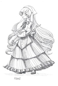 Rating: Safe Score: 0 Tags: 1girl dress full_body fur_trim greyscale holding image long_hair long_sleeves monochrome ribbon solo standing suiseiseki very_long_hair white_background User: admin