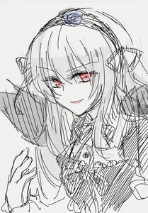 Rating: Safe Score: 0 Tags: 1girl bangs closed_mouth dress eyebrows_visible_through_hair flower frills grey_background hair_between_eyes hairband image long_hair looking_at_viewer red_eyes ribbon rose simple_background sketch smile solo suigintou upper_body User: admin