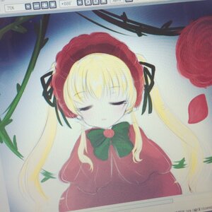 Rating: Safe Score: 0 Tags: 1girl blonde_hair bonnet bow bowtie capelet closed_eyes dress green_bow green_neckwear hat image long_hair long_sleeves photo red_dress shinku solo traditional_media twintails User: admin