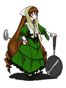 Rating: Safe Score: 0 Tags: 1girl apron brown_hair dress frills full_body green_dress green_eyes holding image long_hair long_sleeves ribbon solo standing suiseiseki very_long_hair watering_can white_background User: admin