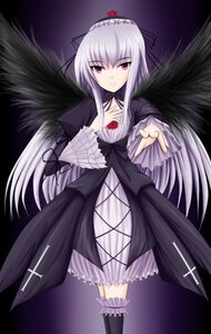 Rating: Safe Score: 0 Tags: 1girl auto_tagged black_wings dress frills hairband image lolita_fashion long_hair long_sleeves looking_at_viewer outstretched_hand silver_hair smile solo suigintou thighhighs very_long_hair wings User: admin