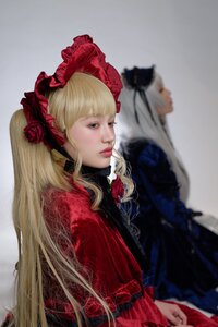 Rating: Safe Score: 0 Tags: 1girl bangs blonde_hair blue_eyes blurry blurry_background bonnet depth_of_field dress flower lips long_hair multiple_cosplay realistic red_dress rose shinku solo tagme User: admin