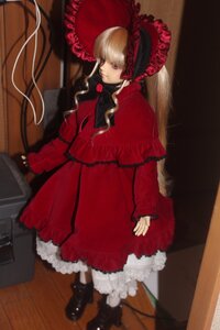 Rating: Safe Score: 0 Tags: 1girl blonde_hair blue_eyes bonnet boots bow doll dress frills long_hair long_sleeves looking_at_viewer photo red_dress shinku solo User: admin