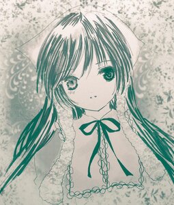 Rating: Safe Score: 0 Tags: 1girl bangs eyebrows_visible_through_hair frills image long_hair looking_at_viewer monochrome neck_ribbon parted_lips photo ribbon solo suiseiseki traditional_media upper_body User: admin