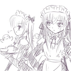 Rating: Safe Score: 0 Tags: 2girls apron blush cup food holding image long_hair maid maid_headdress monochrome multiple_girls pair shinku sketch suigintou teacup tray two_side_up User: admin