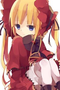 Rating: Safe Score: 0 Tags: 1girl blonde_hair blue_eyes bow capelet dress image long_hair long_sleeves looking_at_viewer red_dress ribbon shinku simple_background sitting solo twintails white_background User: admin