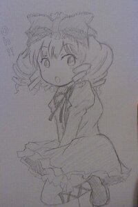 Rating: Safe Score: 0 Tags: 1girl bow dress drill_hair full_body graphite_(medium) hat hinaichigo image long_sleeves looking_at_viewer monochrome open_mouth photo puffy_sleeves sketch solo traditional_media User: admin