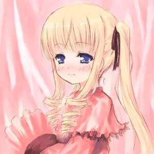 Rating: Safe Score: 0 Tags: 1girl blonde_hair blue_eyes blush drill_hair hair_ribbon image long_hair long_sleeves looking_at_viewer ribbon shinku smile solo striped striped_background twin_drills twintails upper_body vertical_stripes User: admin