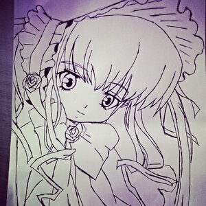 Rating: Safe Score: 0 Tags: 1girl bangs dress flower image lineart long_hair long_sleeves looking_at_viewer monochrome rose shinku smile solo upper_body User: admin