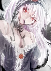 Rating: Safe Score: 0 Tags: 1girl bangs black_dress choker dress feathers flower frills hairband image lolita_fashion long_hair looking_at_viewer red_eyes red_flower red_rose rose solo suigintou upper_body User: admin