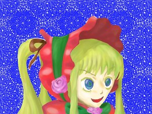 Rating: Safe Score: 0 Tags: 1girl :d blonde_hair blue_background blue_eyes bonnet flower image long_hair open_mouth pink_flower pink_rose red_flower red_rose rose shinku smile solo User: admin