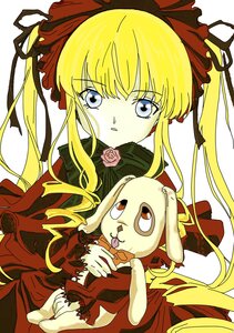 Rating: Safe Score: 0 Tags: 1girl blonde_hair blue_eyes bonnet bow dress flower image long_hair long_sleeves looking_at_viewer red_dress rose shinku sidelocks simple_background solo twintails white_background User: admin