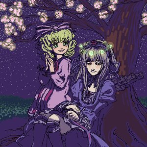 Rating: Safe Score: 0 Tags: 2girls blonde_hair cherry_blossoms dress hat hinaichigo image long_hair moon multiple_girls night night_sky oekaki pair short_hair sitting sky smile star_(sky) starry_sky suigintou tree wings User: admin