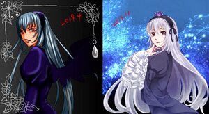 Rating: Safe Score: 0 Tags: 1girl black_wings dress flower frills hairband image long_hair long_sleeves looking_at_viewer looking_back multiple_views red_eyes silver_hair solo suigintou very_long_hair wings User: admin