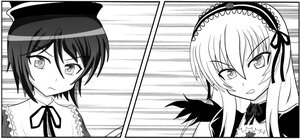 Rating: Safe Score: 0 Tags: 2girls comic gothic_lolita greyscale hairband hat image lolita_fashion lolita_hairband long_hair monochrome multiple_girls neck_ribbon pair ribbon short_hair souseiseki suigintou User: admin