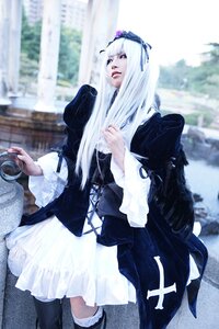 Rating: Safe Score: 0 Tags: 1girl bangs blurry blurry_background boots depth_of_field dress frills gothic_lolita hairband lolita_fashion long_hair long_sleeves realistic sitting solo suigintou white_hair User: admin