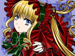 Rating: Safe Score: 0 Tags: 1girl blonde_hair blue_eyes blush bonnet bow bowtie dress drill_hair flower frills green_bow image long_hair looking_at_viewer rose shinku solo User: admin