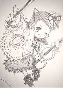 Rating: Safe Score: 0 Tags: 1girl ;d auto_tagged blush bow_(instrument) dress drill_hair flower forehead frills guitar hair_ornament holding_instrument image instrument kanaria long_sleeves monochrome music musical_note one_eye_closed open_mouth ribbon rose smile solo traditional_media User: admin
